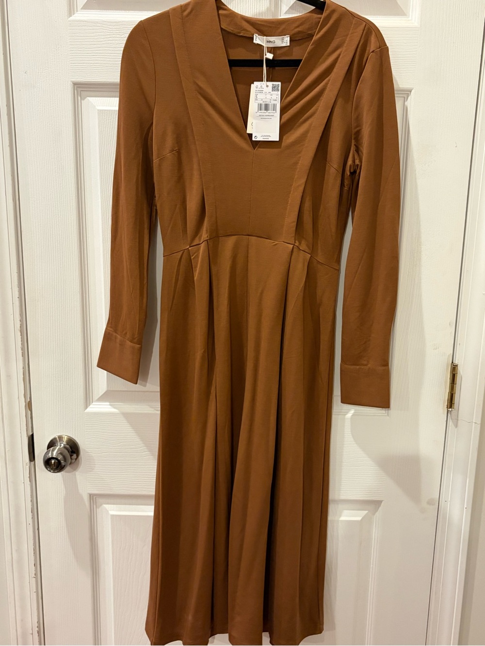 Mango Cognac-Brown Long-Sleeve Midi Dress